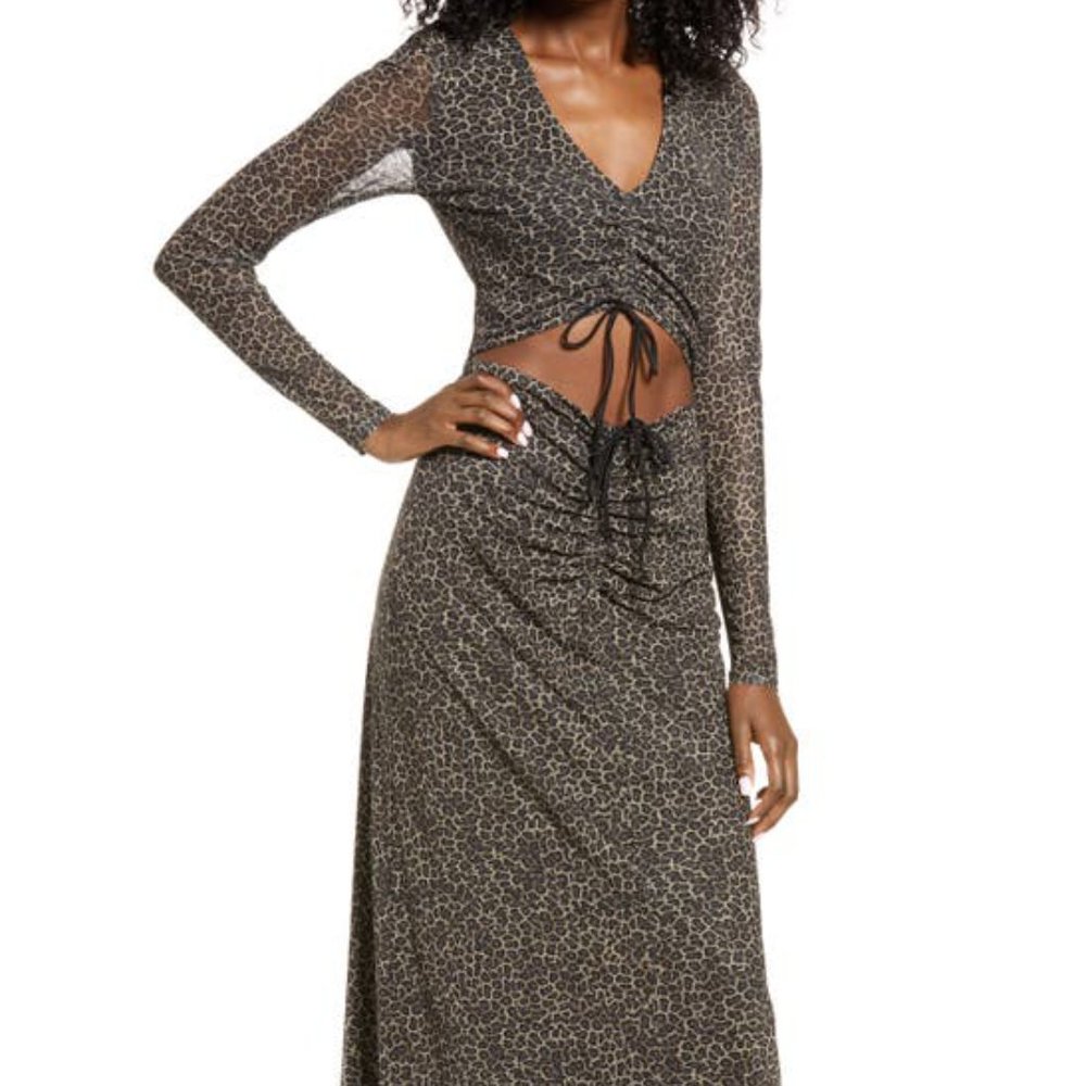 AFRM rhys cutout long sleeve leopard print midi dress M = 6-8